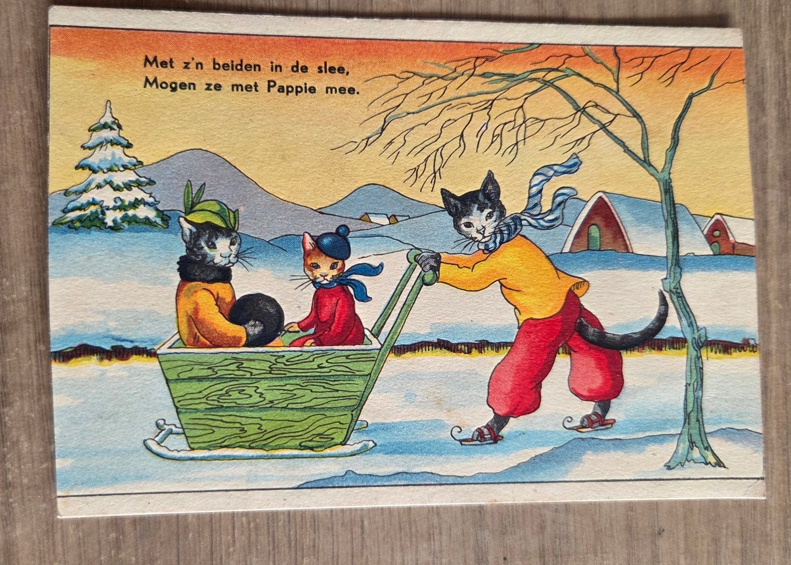 Oude ansichtkaart: Katten in de sneeuw met slee, Ophalen of Verzenden