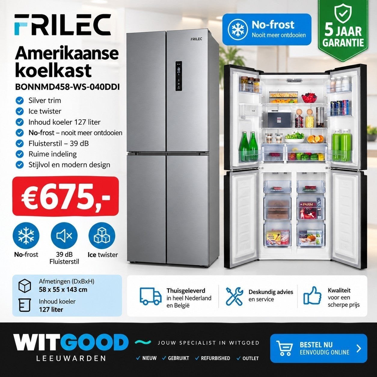 Nieuwe Frilec Amerikaanse koelkast met 5 jaar garantie!✅️, Frilec, 200 liter of meer, Frilec, 60 cm of meer