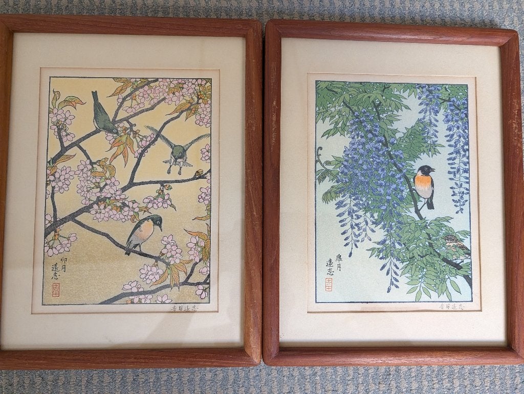 2 Japanse kunst Houtsnedes Toshi Yoshida Vogels kersenbloeem, Antiek en Kunst, Overige typen, Gemerkt, Ophalen of Verzenden, Papier/karton