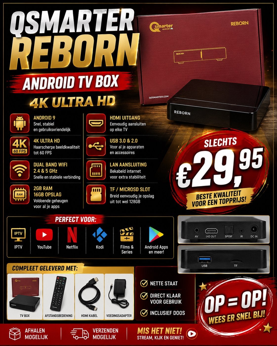 QSMARTER REBORN Android TV Box 4K Ultra HD, Ophalen of Verzenden, Nieuw, HDMI, Minder dan 500 GB