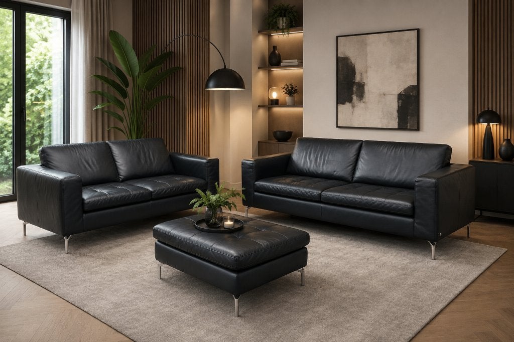 Natuzzi Editions leren bankenset – 3-zits, 2-zits en hocker, Ophalen, Gebruikt, 75 tot 100 cm, Rechte bank