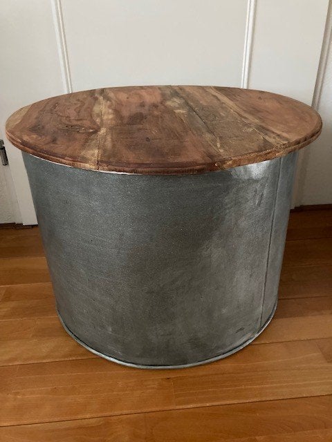 Ronde salon-/bijzettafel, metaal met massief houten blad, 50 tot 100 cm, Rond, 50 tot 100 cm, Zo goed als nieuw