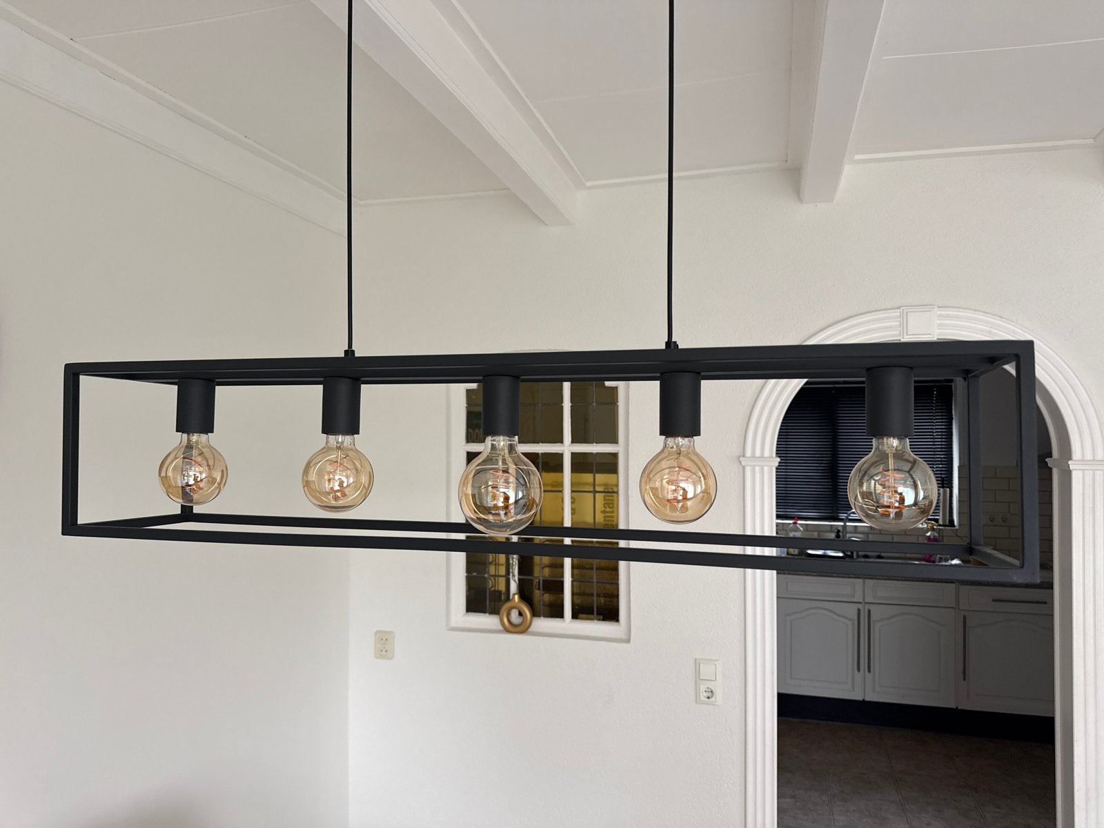 Zwarte industriële hanglamp met 5 lichtpunten, Huis en Inrichting, Ophalen, Zo goed als nieuw, Metaal