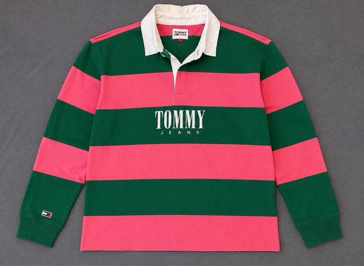 Tommy Jeans Rugby Polo Groen/Roze Gestreept Maat L, Verzenden, Zo goed als nieuw, Maat 48/50 (M), Groen