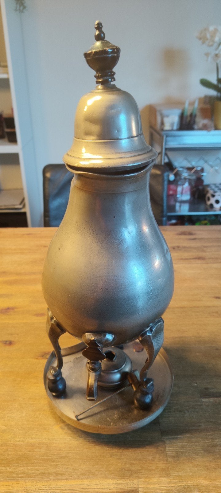 Antieke tinnen kraantjeskan met spiritusbrander, Antiek en Kunst, Antiek | Tin, Ophalen of Verzenden