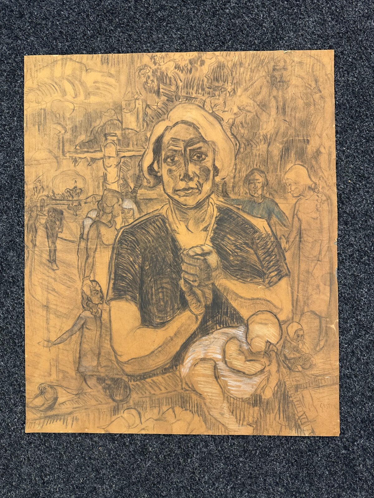 Leo Gestel - Tekening van een moeder met kind, Ophalen of Verzenden, Tekening, Potloodtekening, Gesigneerd