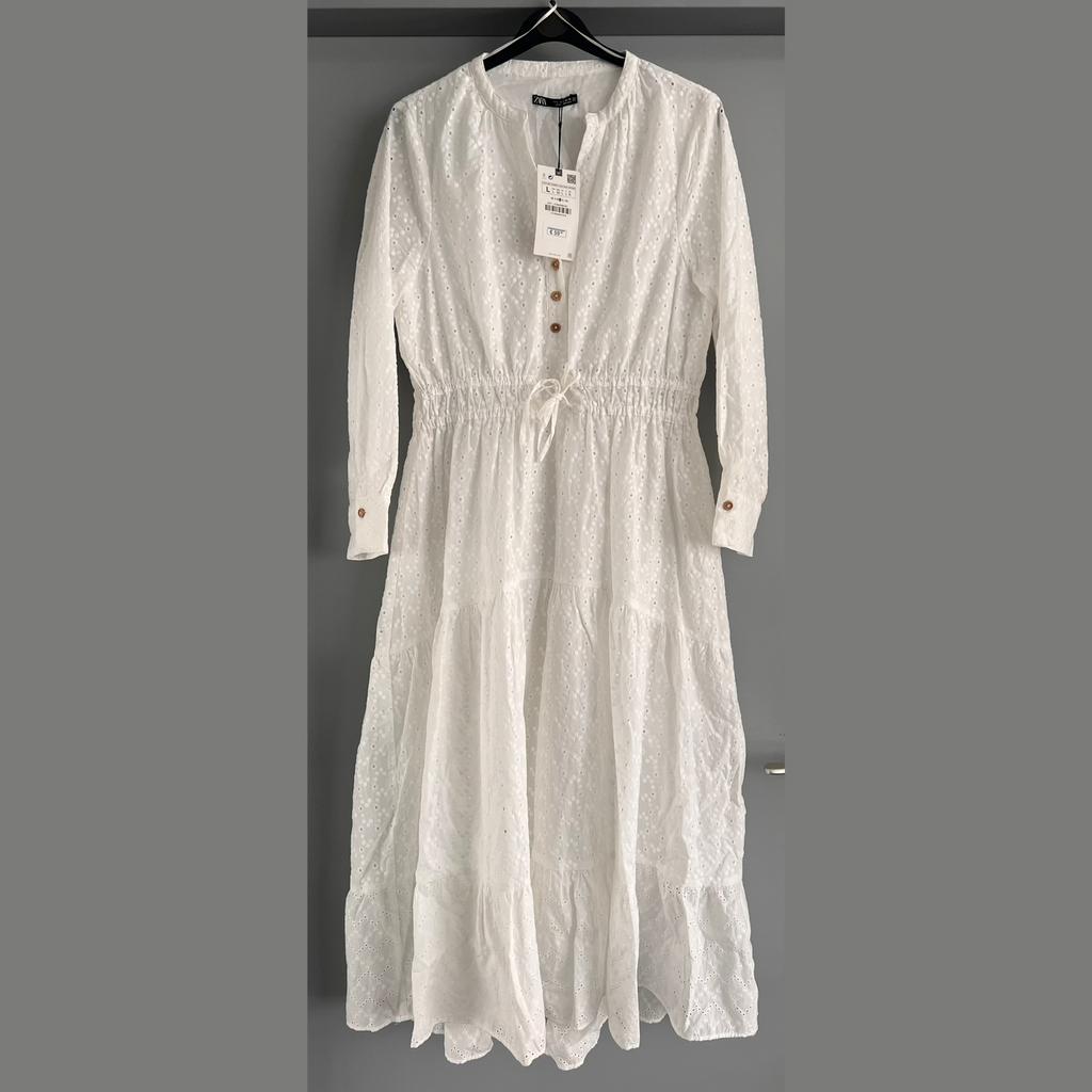 Zara witte katoenen jurk - maat L, Kleding | Dames, Jurken, Nieuw, Maat 38/40 (M), Wit, Onder de knie, Ophalen of Verzenden