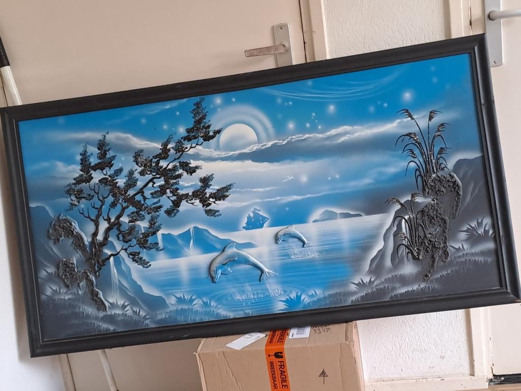 Schilderij met dolfijnen in maanlicht, 127x67 cm, Ophalen