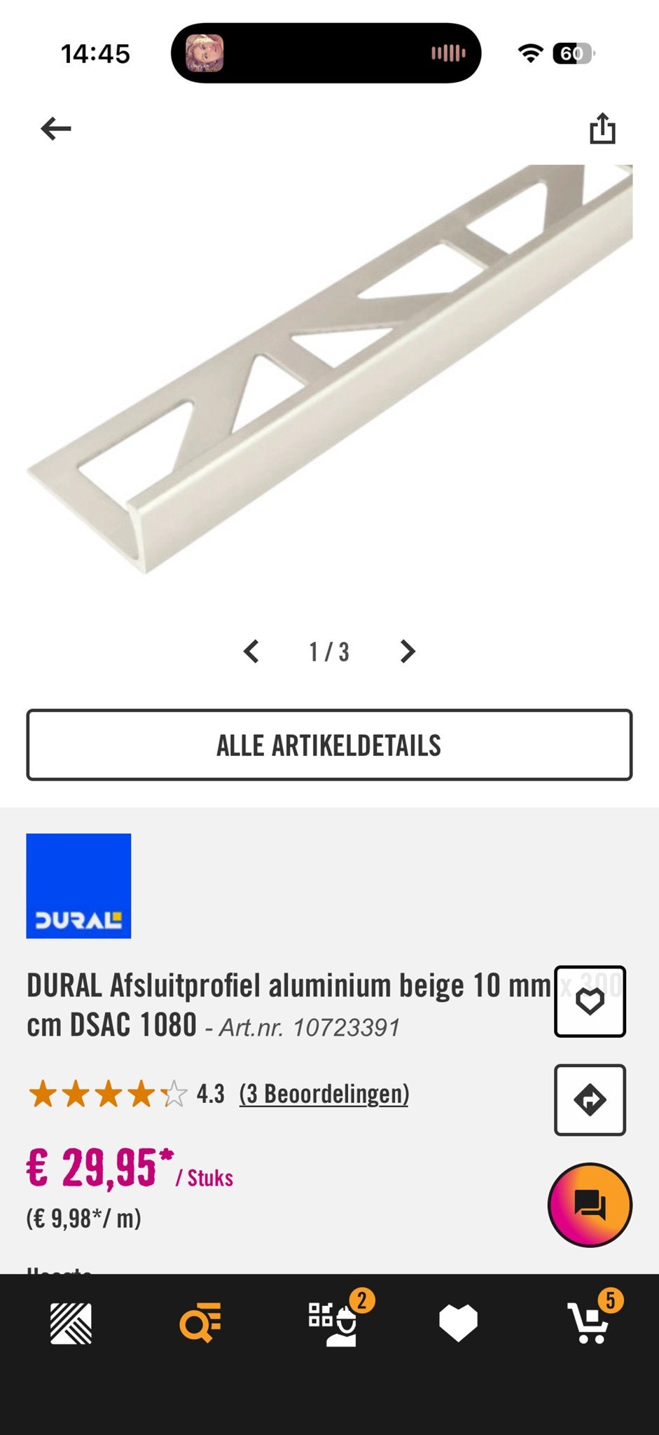 Tegel strip zand kleur en chroom, Doe-het-zelf en Verbouw, Ophalen, Nieuw, Chroom, Douche