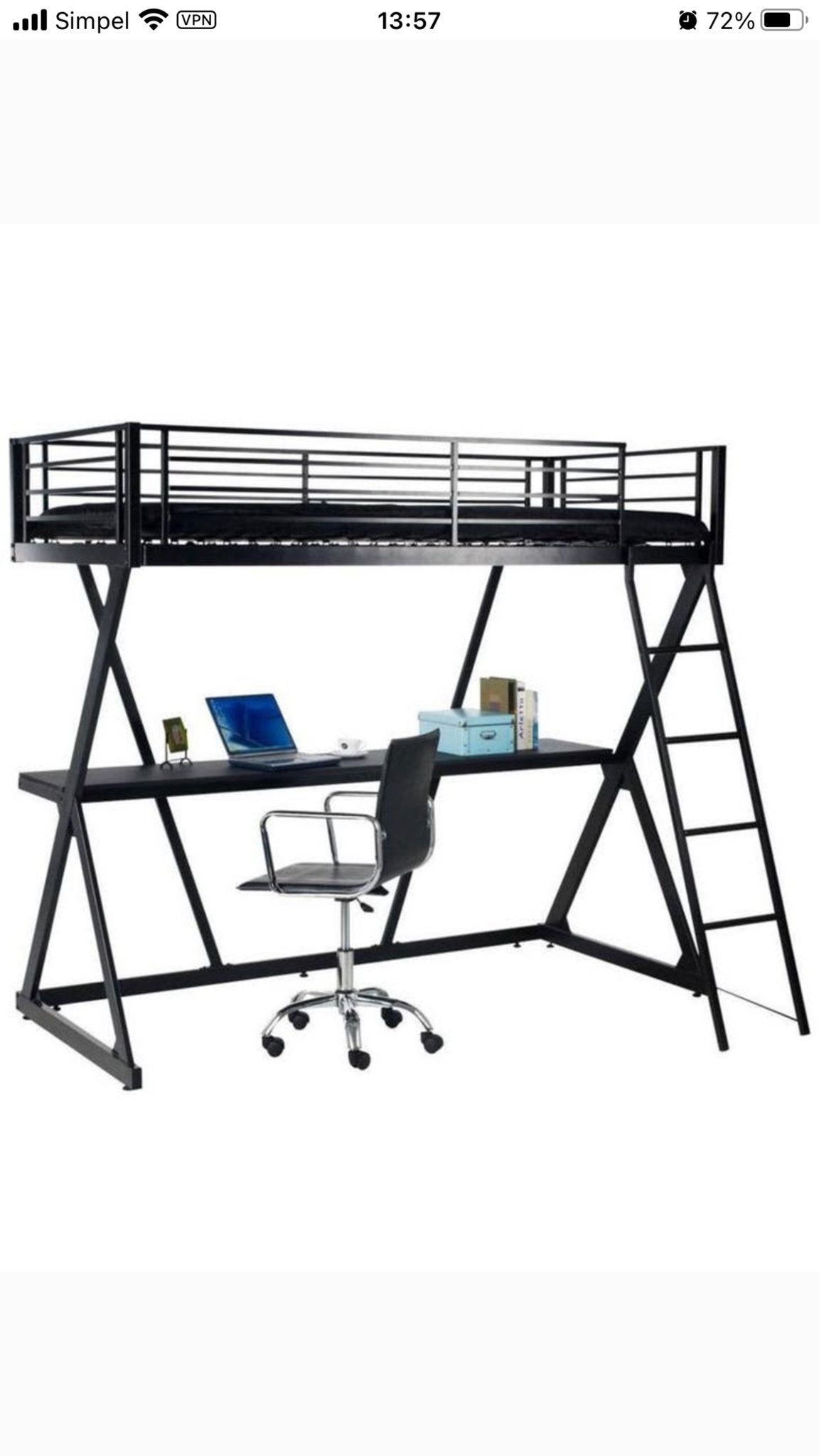 Hoogslaper met bureau - Zwart metalen frame, Huis en Inrichting, Slaapkamer | Stapelbedden en Hoogslapers, Ophalen, Gebruikt, Eenpersoons