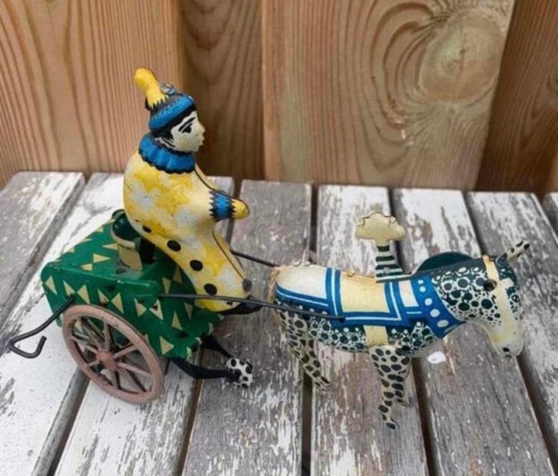Blikken speelgoed antiek Vintage blikken clown met paardje., Verzenden