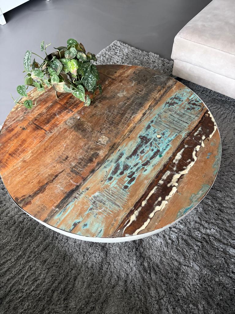 Unieke ronde salontafel van gerecycled hout, Ophalen, Rond, 50 tot 100 cm, Zo goed als nieuw