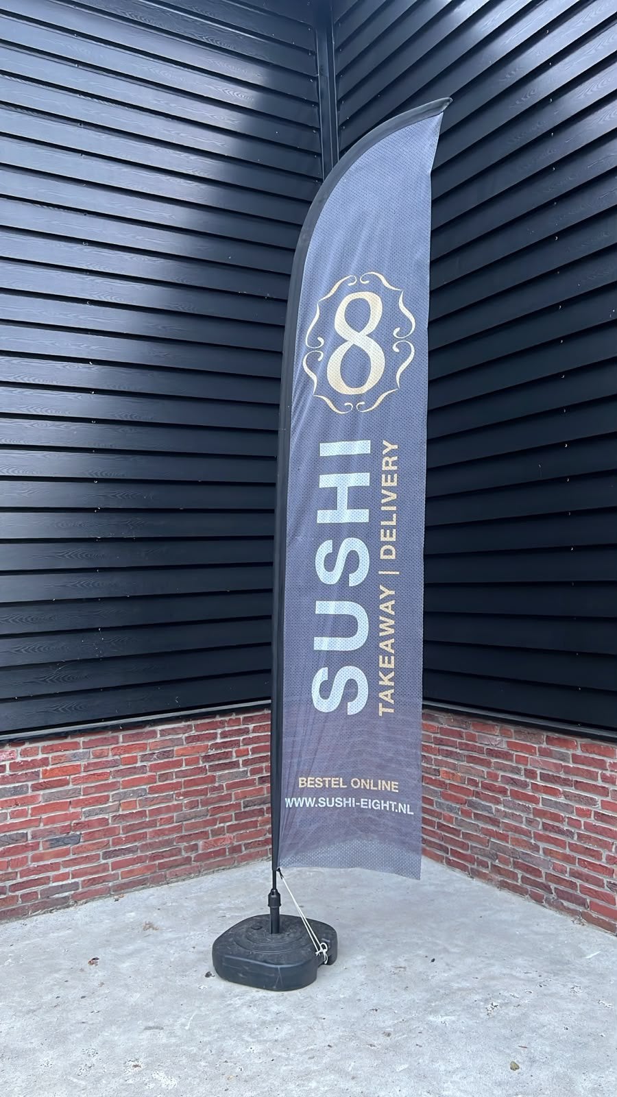 Beachflag 385 cm met voet, Reclamevlag Stoepbanner, Windvlag, Ophalen of Verzenden, Gebruikt