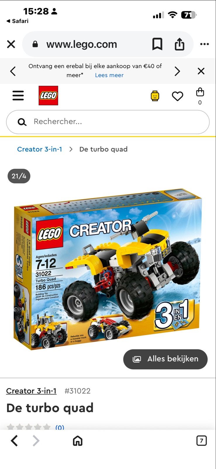 LEGO Creator 3-in-1 Turbo Quad (31022), Ophalen of Verzenden, Zo goed als nieuw