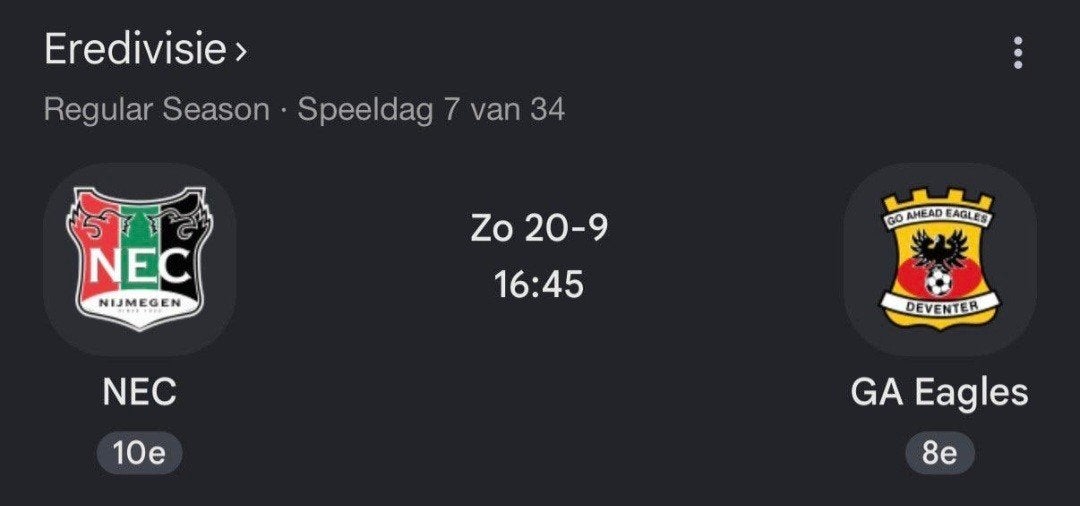 1 Ticket voor nec - go ahead eagles zondag 20/9/26 16:45uur, Eén persoon