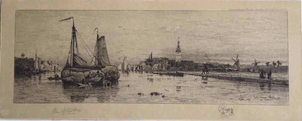 Charles Frederick Allbon ets "Schiedam Holland"1890 remarque, Ophalen, 1800 - 1899, Ets, Stadsgezicht