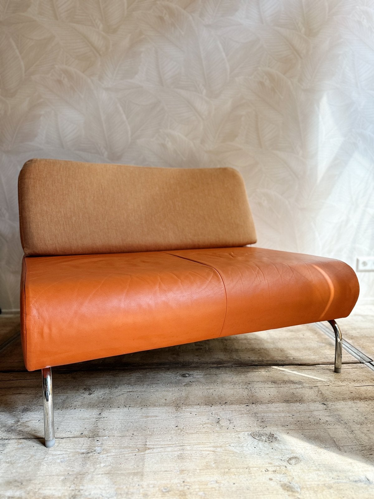 Vintage bankje terra/oranje skaileer chroom montis stijl, Ophalen, Eenpersoons, -, -