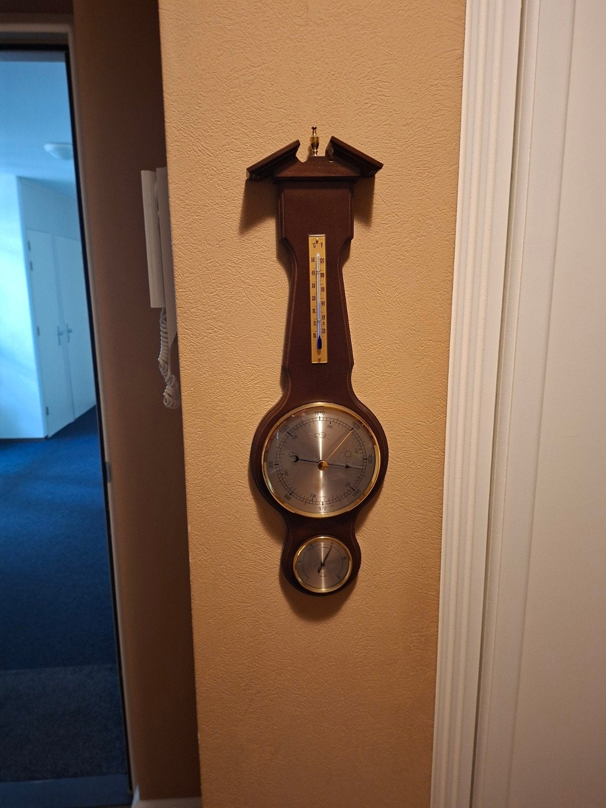 Antiek weerstation met barometer en thermometer, Ophalen of Verzenden, Gebruikt, Weerstation
