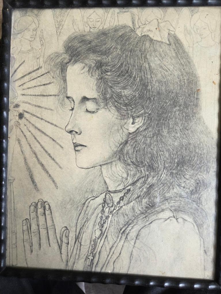 Vintage potloodtekening biddende vrouw met rozenkrans, Ophalen