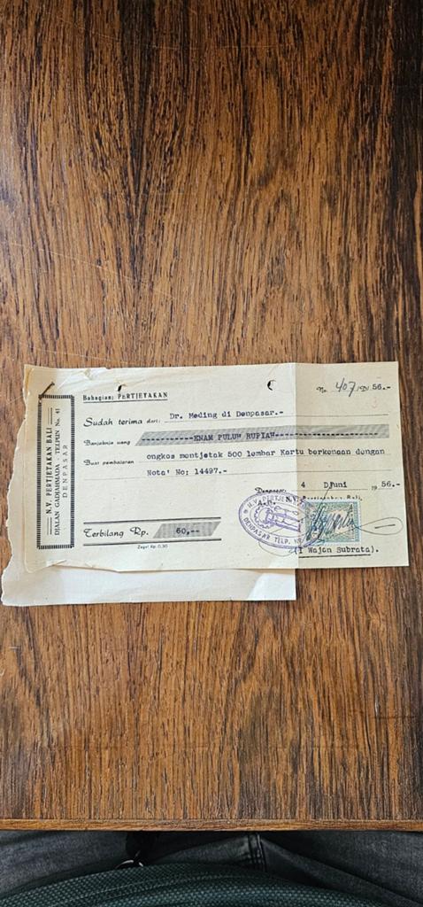 Kwitantie/Nota Indonesië 4 juni 1956, Verzenden, 1940 tot 1960, Tijdschrift