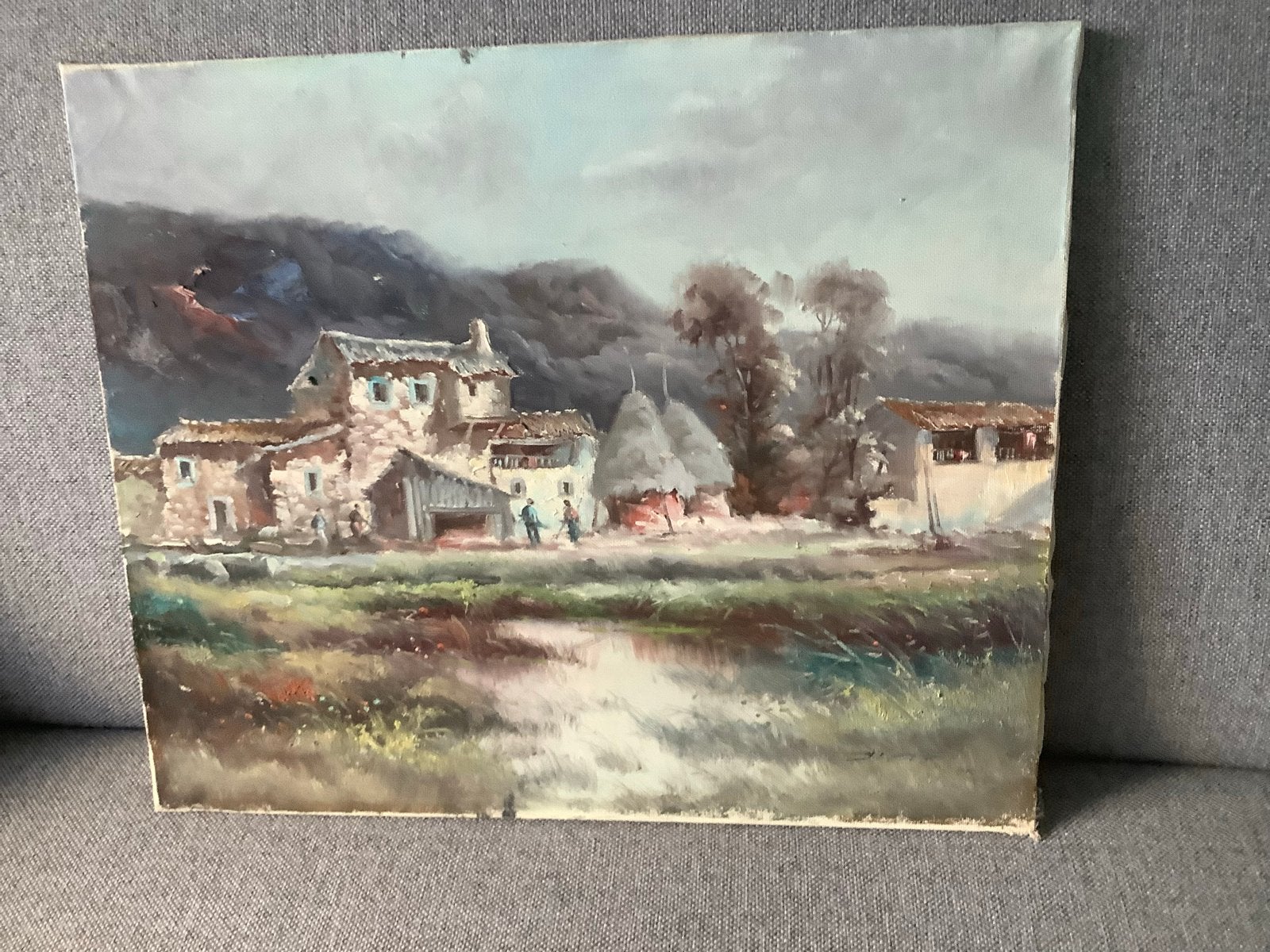 Schilderij: Dorpsgezicht met bergen en water, Doek, Realistisch, Ophalen of Verzenden, Handgeschilderd