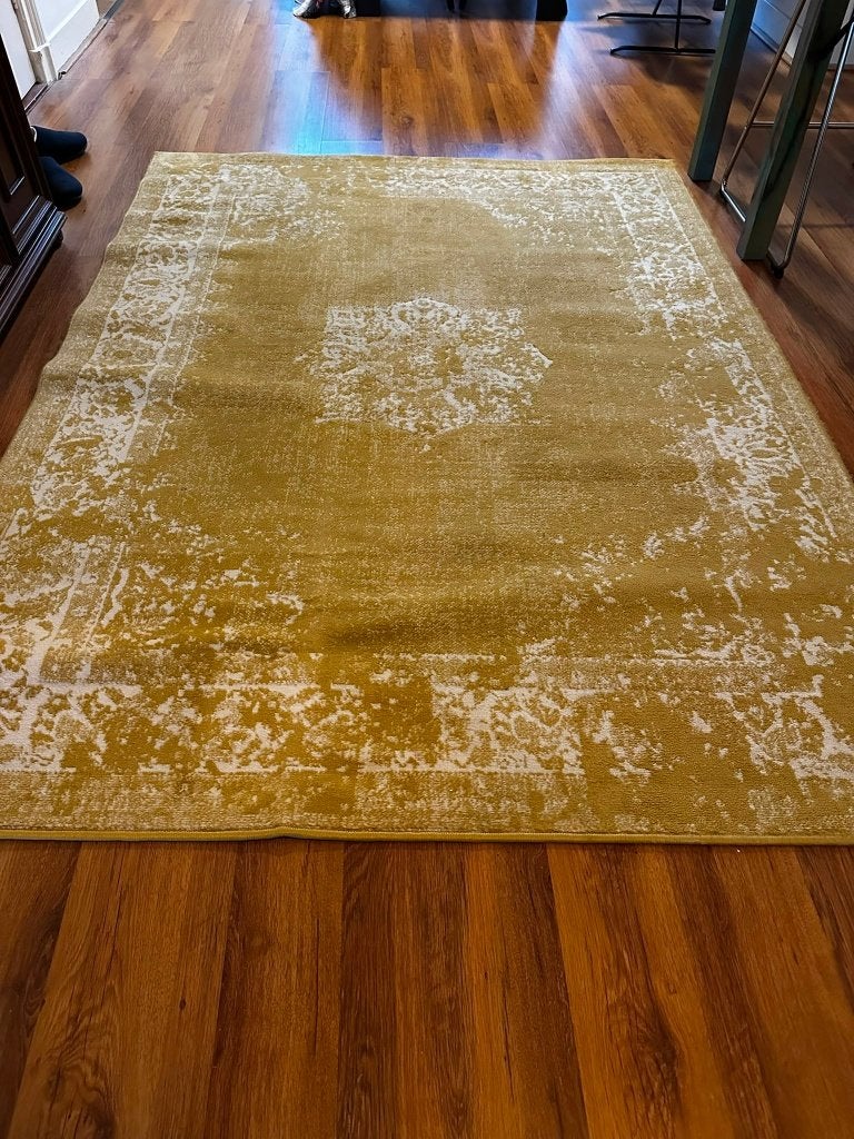 Vintage vloerkleed geel, 160 x 220cm, laagpolig, goede staat, Ophalen, Gebruikt, Geel, 150 tot 200 cm