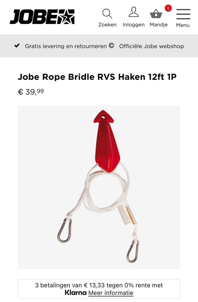 Jobe Rope Bridle RVS Haken 12ft 1P, Watersport en Boten, Ophalen, Zo goed als nieuw, Overige typen, Zeilboot of Motorboot