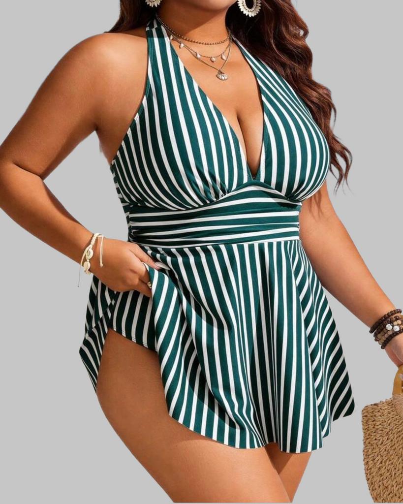 Gestreepte Tankini Donkergroen/wit (44-52), Verzenden, Nieuw, Groen, Lingerie of Zwemkleding