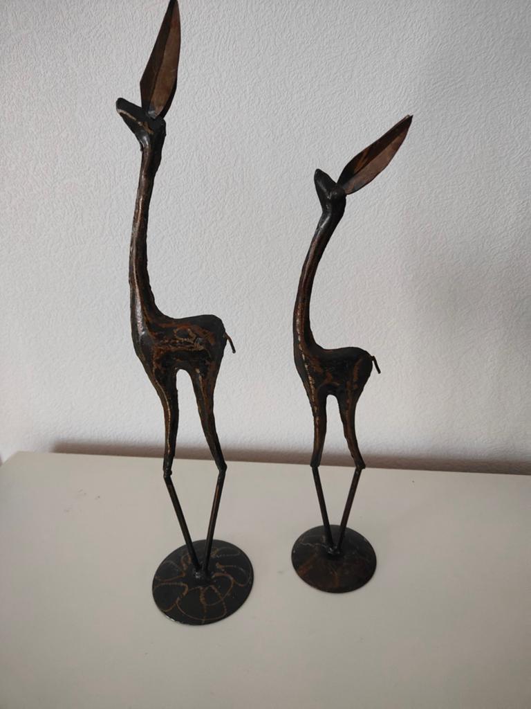 Set van 2 metalen Giraffe beelden, Ophalen of Verzenden, Zoogdier, 20 - 50 cm, Op sokkel