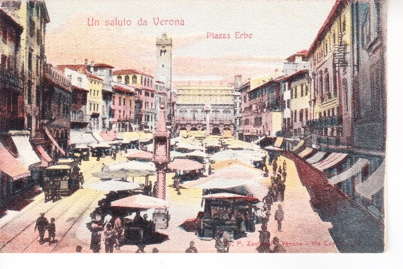 VERONA,- Plazza Erbe. Paardentram.  13-06, Ophalen of Verzenden, Voor 1920, Gelopen, Italië