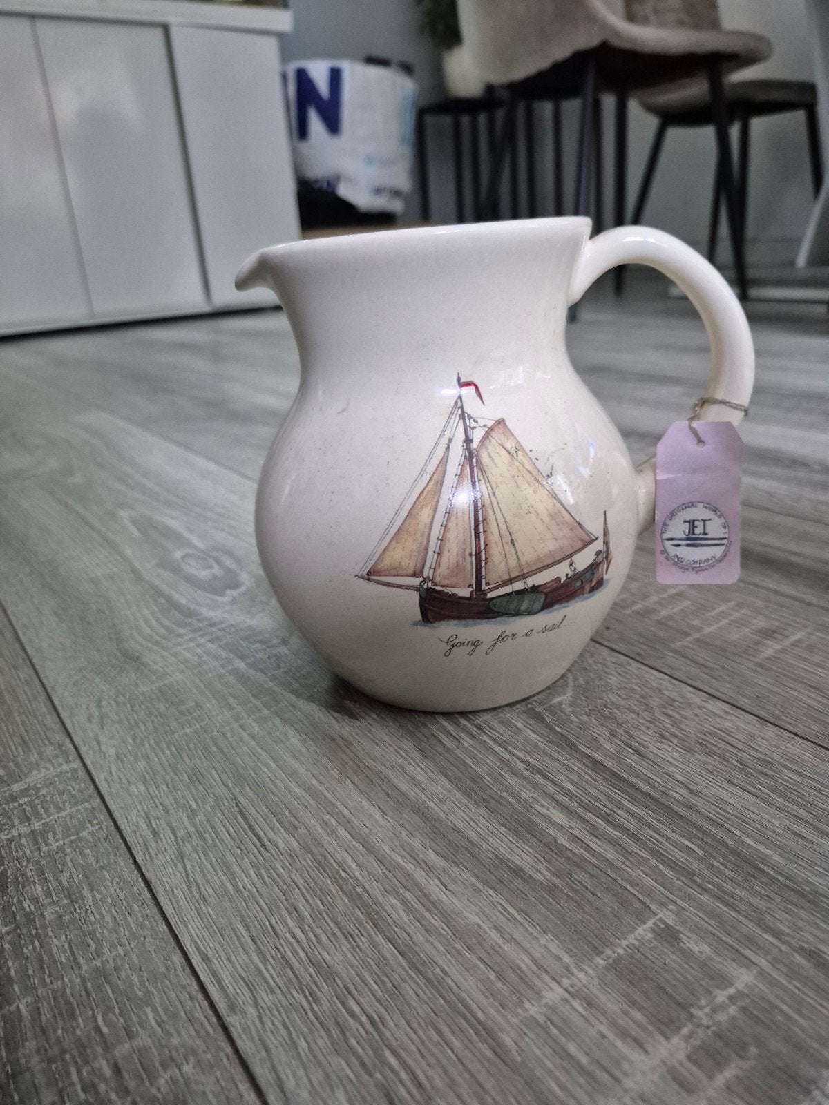 Vintage keramische kan met zeilboot decoratie, Ophalen of Verzenden