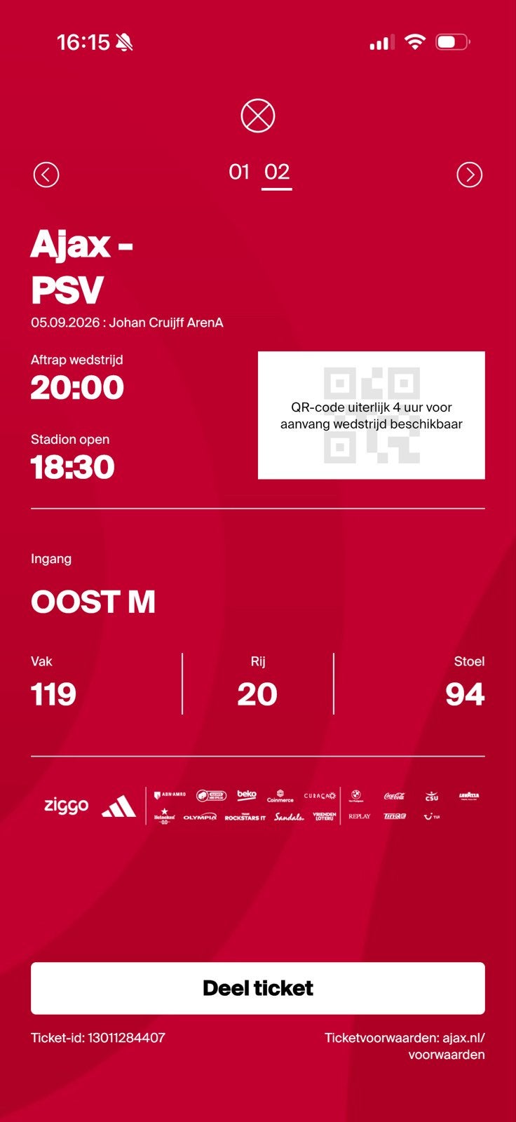Ajax - PSV 2 tickets vak 119, Tickets en Kaartjes