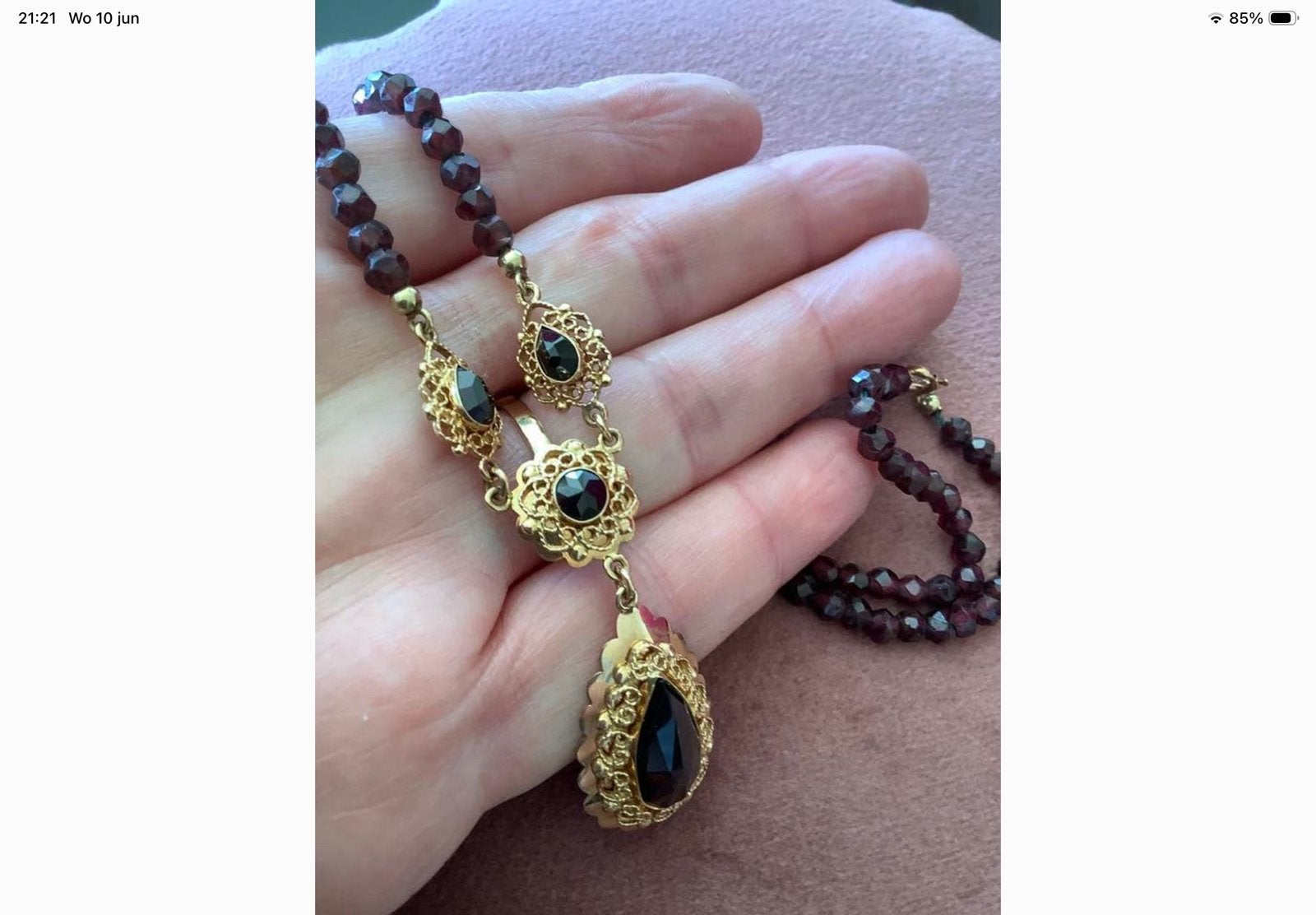 Antieke Gouden ketting collier edelsteen Granaat 18 kar goud, Verzenden, Zo goed als nieuw, Met edelsteen, Goud
