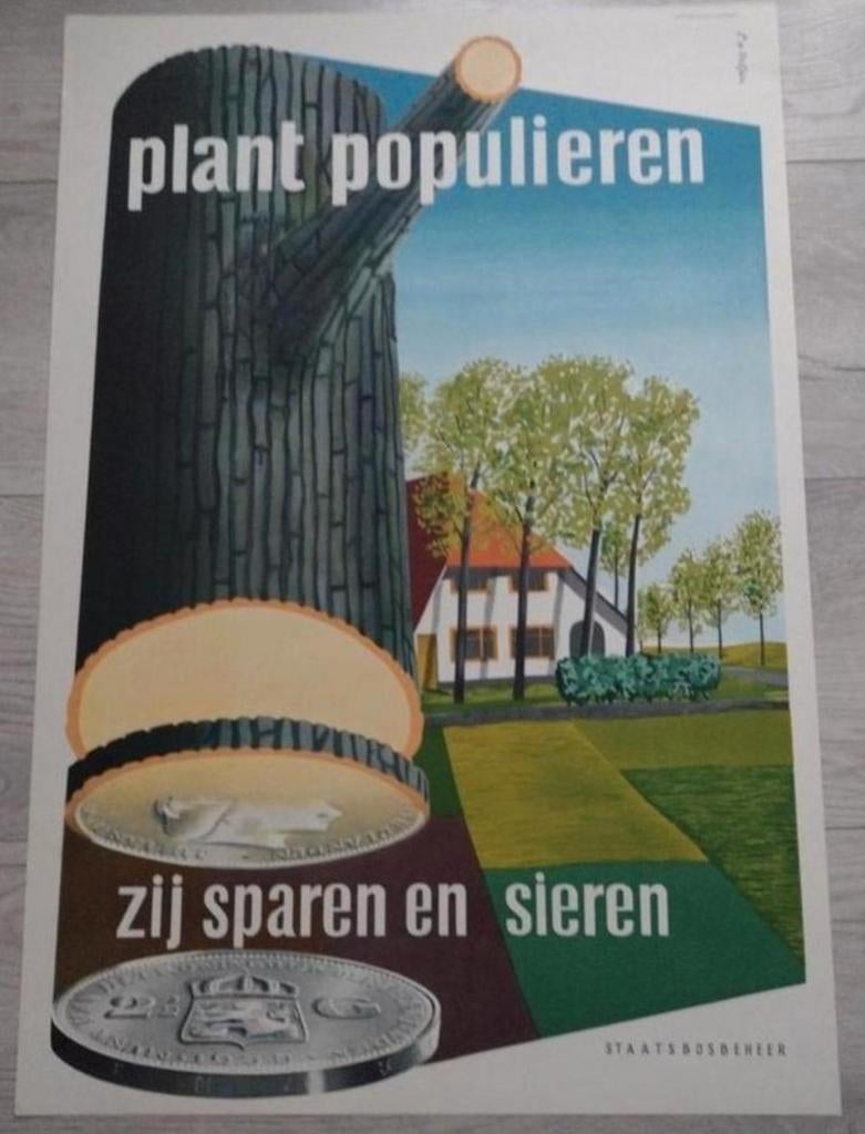 Vintage Poster Plant Populieren - Staatsbosbeheer, Rechthoekig Staand, Nieuw, Ophalen of Verzenden, A1 t/m A3