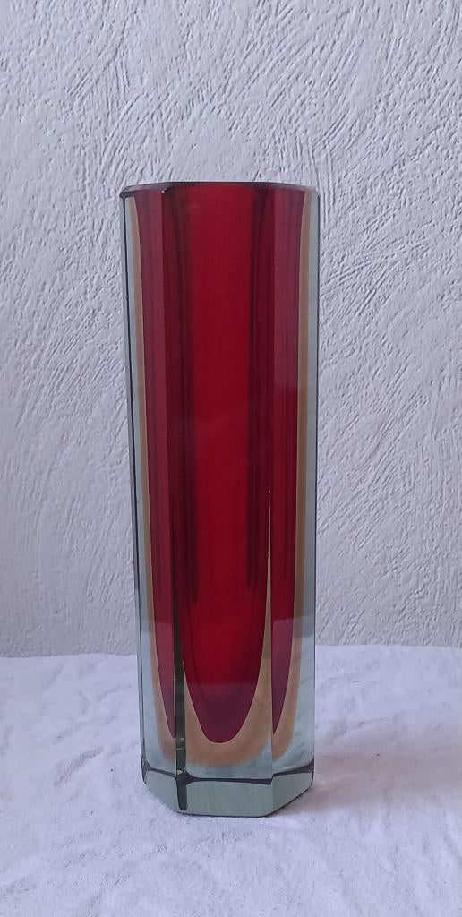Murano Flavio Poli 6 Hoekig Vaas 21cm, Antiek en Kunst, Ophalen of Verzenden