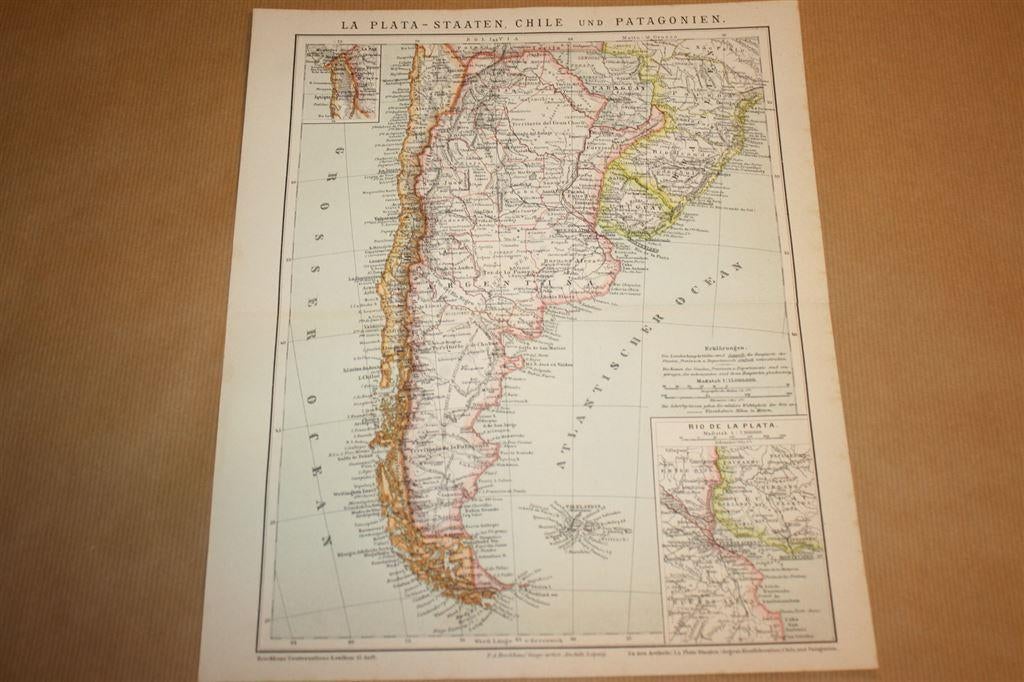 Antieke kaart - Argentinië, Chili, Uruquay etc. - ca 1885 !!, Boeken, Atlassen en Landkaarten, Gelezen, Ophalen of Verzenden, Landkaart