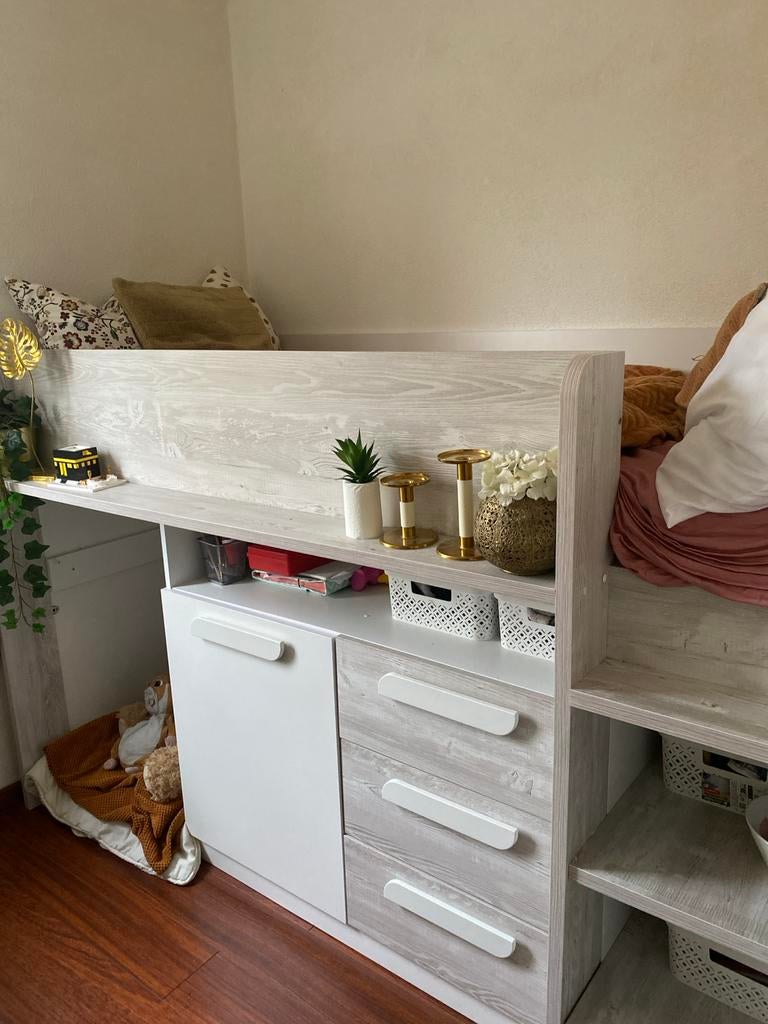 Leuk halfhoogslaper bed met bureau en opbergruimte, Ophalen, 90 cm, Eenpersoons, Wit