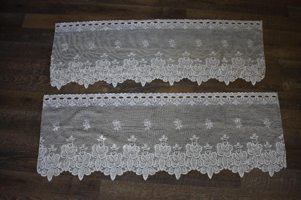 Valletje 2x antiek wit met motief gordijn gordijntje 115 cm, Vintage jaren 60, Gebruikt, 100 tot 150 cm, Ophalen of Verzenden