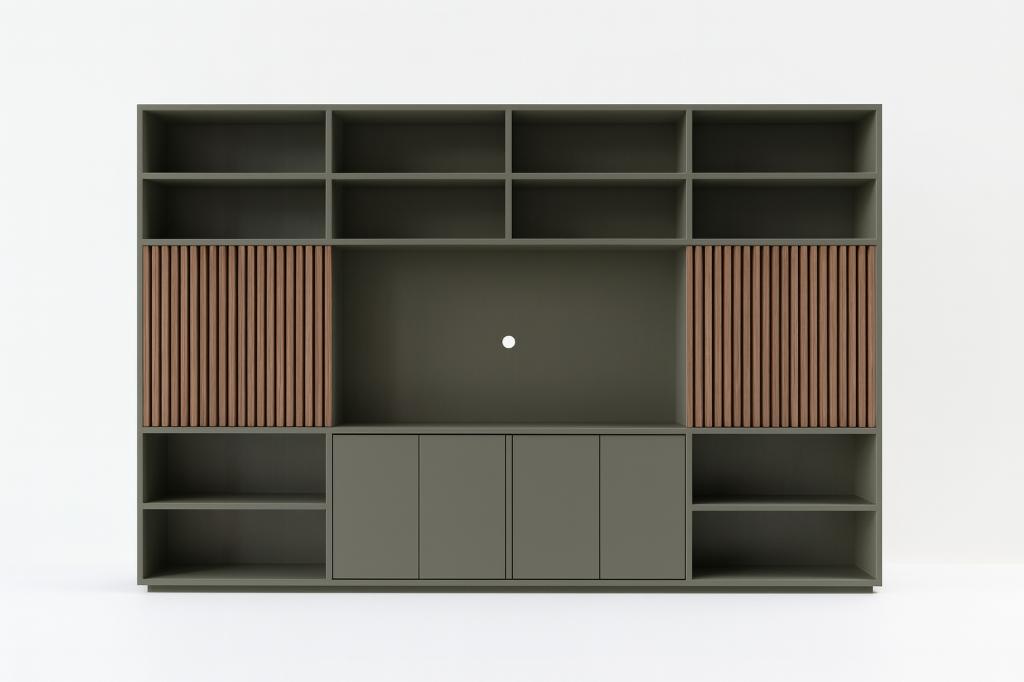 TV-Vakkenkast 400x40x250H cm Licht Groen Nu €3500,- WEG=WEG, 200 cm of meer, Ophalen of Verzenden, 200 cm of meer, Modern, Boho, Japandi, Scandinavisch
