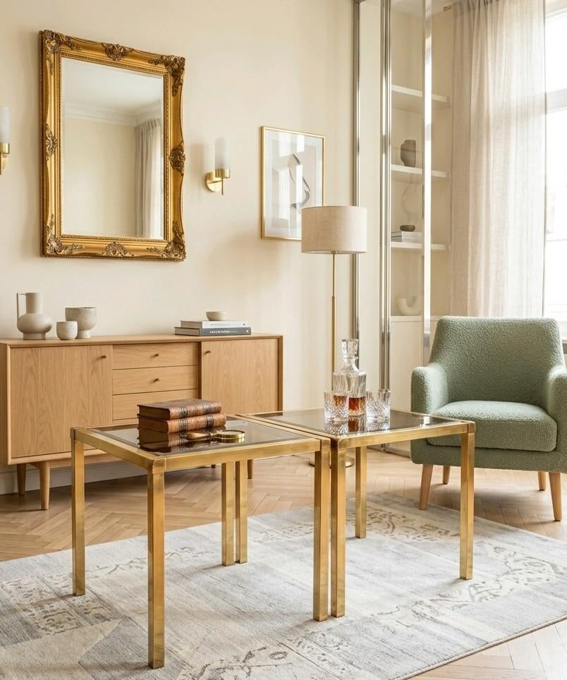 Design bijzettafels messing rookglas Hollywood Regency, Mara, Huis en Inrichting, Tafels | Bijzettafels, Minder dan 55 cm, Gebruikt