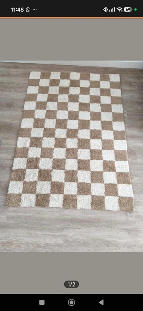 Retro beige/wit geblokt vloerkleed "Gambit" - Volero, Huis en Inrichting, Stoffering | Tapijten en Kleden, Ophalen, 100 tot 150 cm