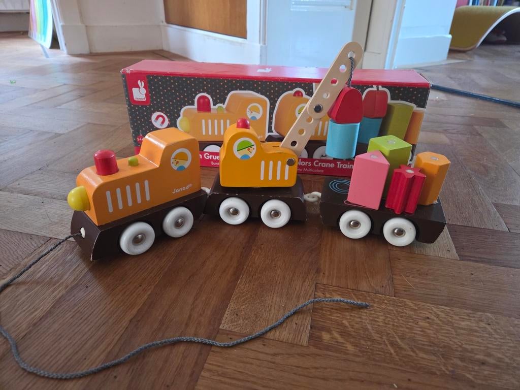 Janod trekfiguur houten trein inclusief originele verpakking, Ophalen of Verzenden, Gebruikt