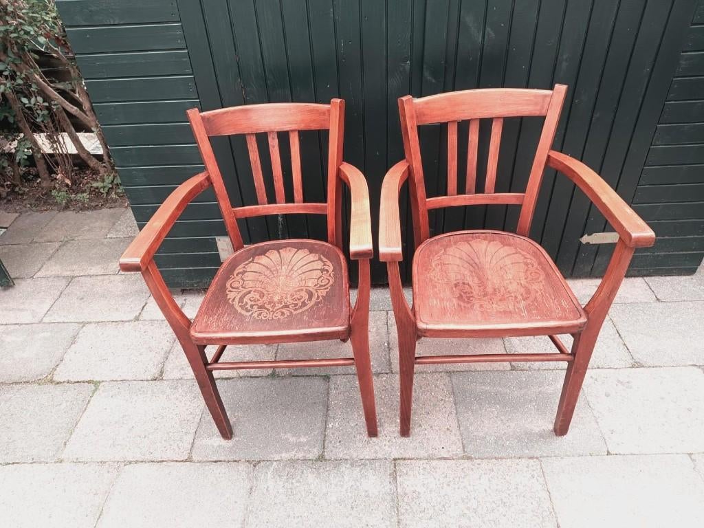 Set van 2 antieke caféstoelen met armleuningen (1930), Ophalen
