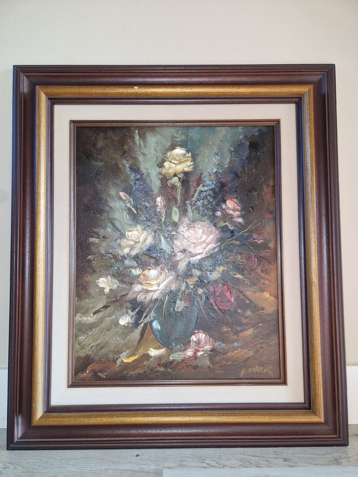 Schilderij met bloemen in vaas, gesigneerd, ingelijst, Antiek en Kunst, Bloemen, Doek, Realistisch, Ophalen of Verzenden