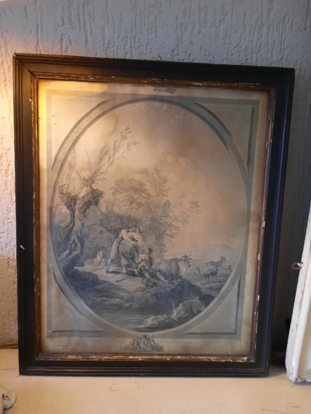 Grote antieke,shabby oude lijst met prent., Ophalen of Verzenden