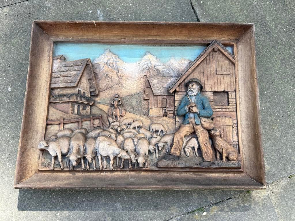 Houtsnijwerk met herder en schapen, Antiek en Kunst, Kunst | Beelden en Houtsnijwerken, Houtsnijwerk, Hout, Scène, 20 - 50 cm