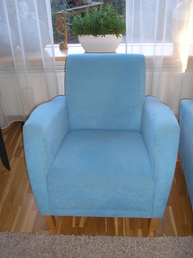 2 Stuks Blauwe Fauteuils, Ophalen, Gebruikt, 75 tot 100 cm, Stof
