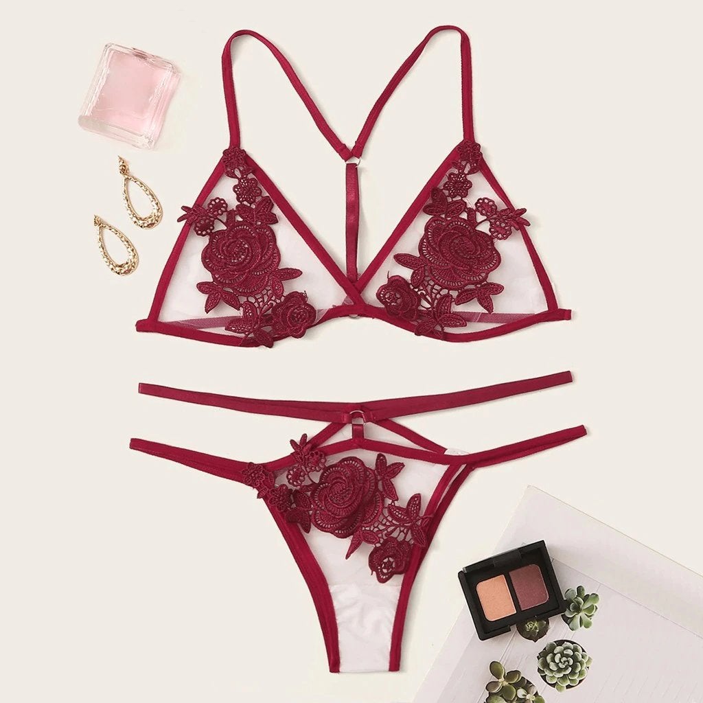 Rood bloemen bh & slipje setje lingerie, Verzenden, Rood, Setje