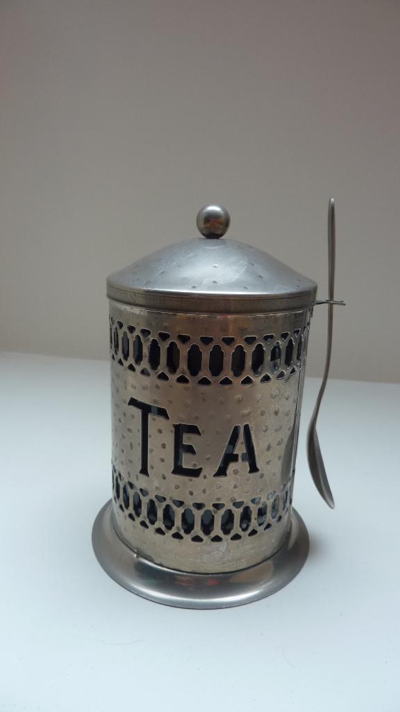 Leuk vintage losse thee potje met lepel, Ophalen of Verzenden