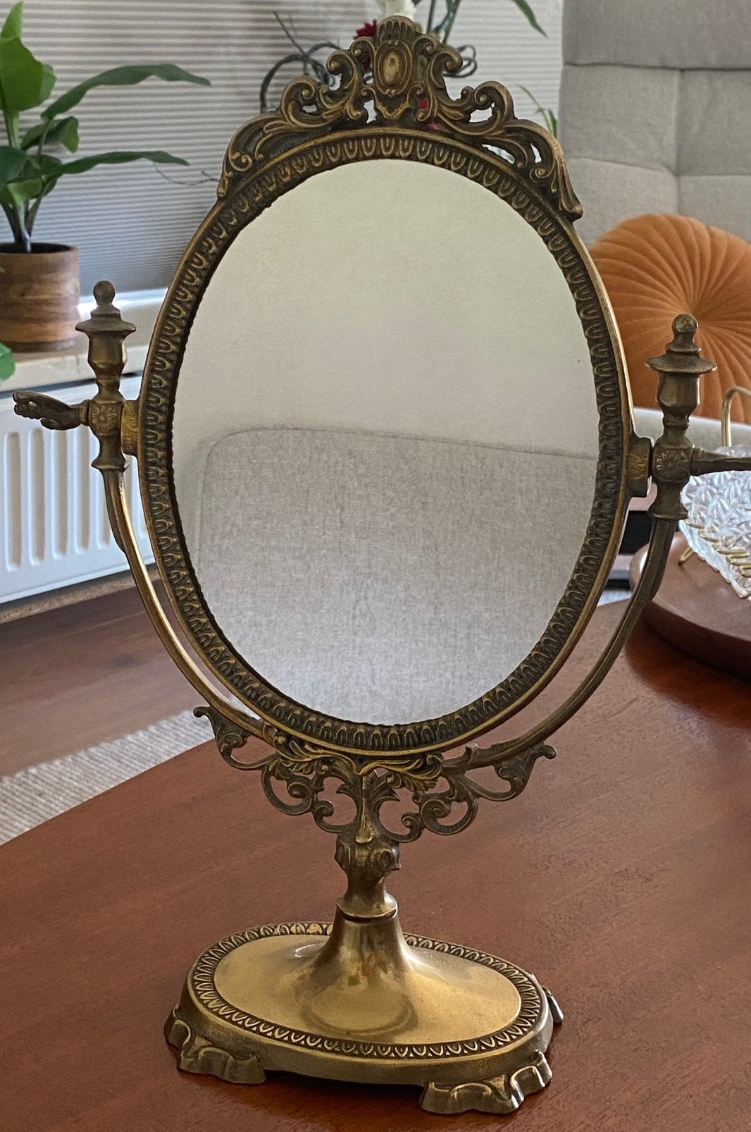 Authentieke vintage Franse kaptafel spiegel, Ophalen of Verzenden, Ovaal, Minder dan 50 cm